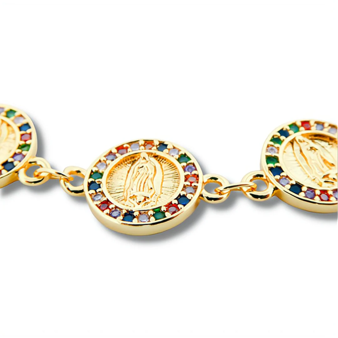 Gold-Plated Guadalupe Coin Bracelet w/ Multicolor Crystals 7.5-inch - Image 6