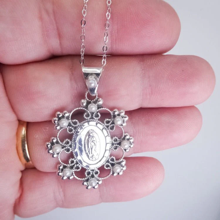 Silver Guadalupe Baroque Pendant with Pearls 18-inch - Image 3