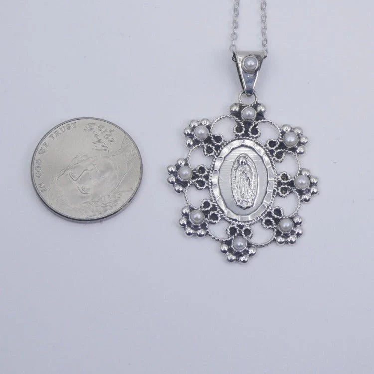 Silver Guadalupe Baroque Pendant with Pearls 18-inch - Image 5