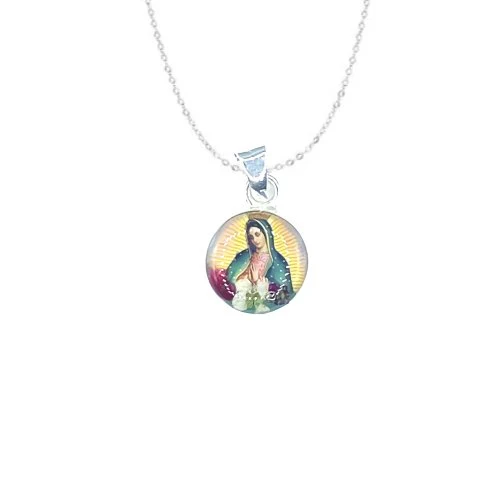 Our Lady of Guadalupe Mini Round Pendant w/ Pressed Flowers 18-inch - Image 2