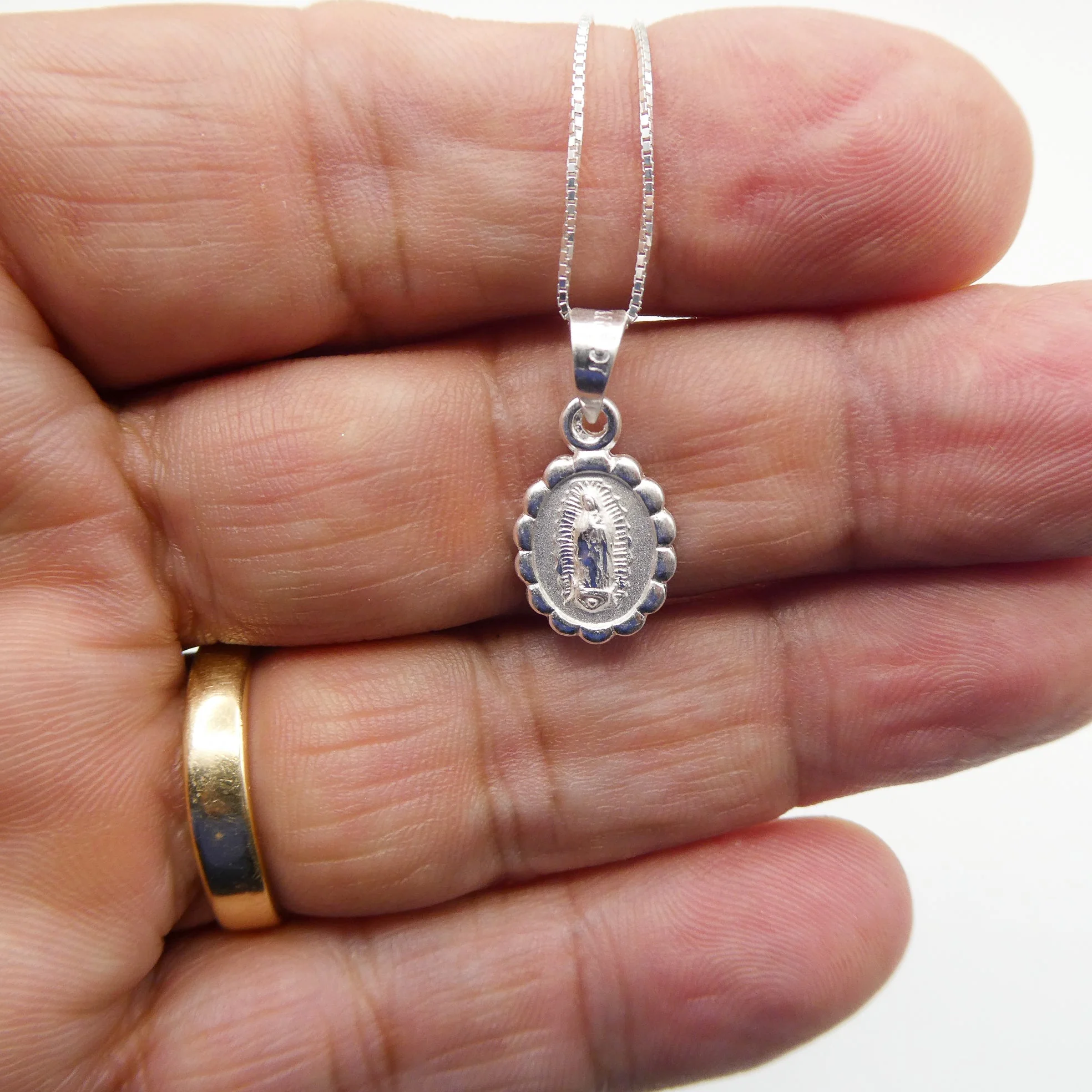 Silver Our Lady of Guadalupe Medal Mini Oval Floral Necklace 18-inch - Image 4