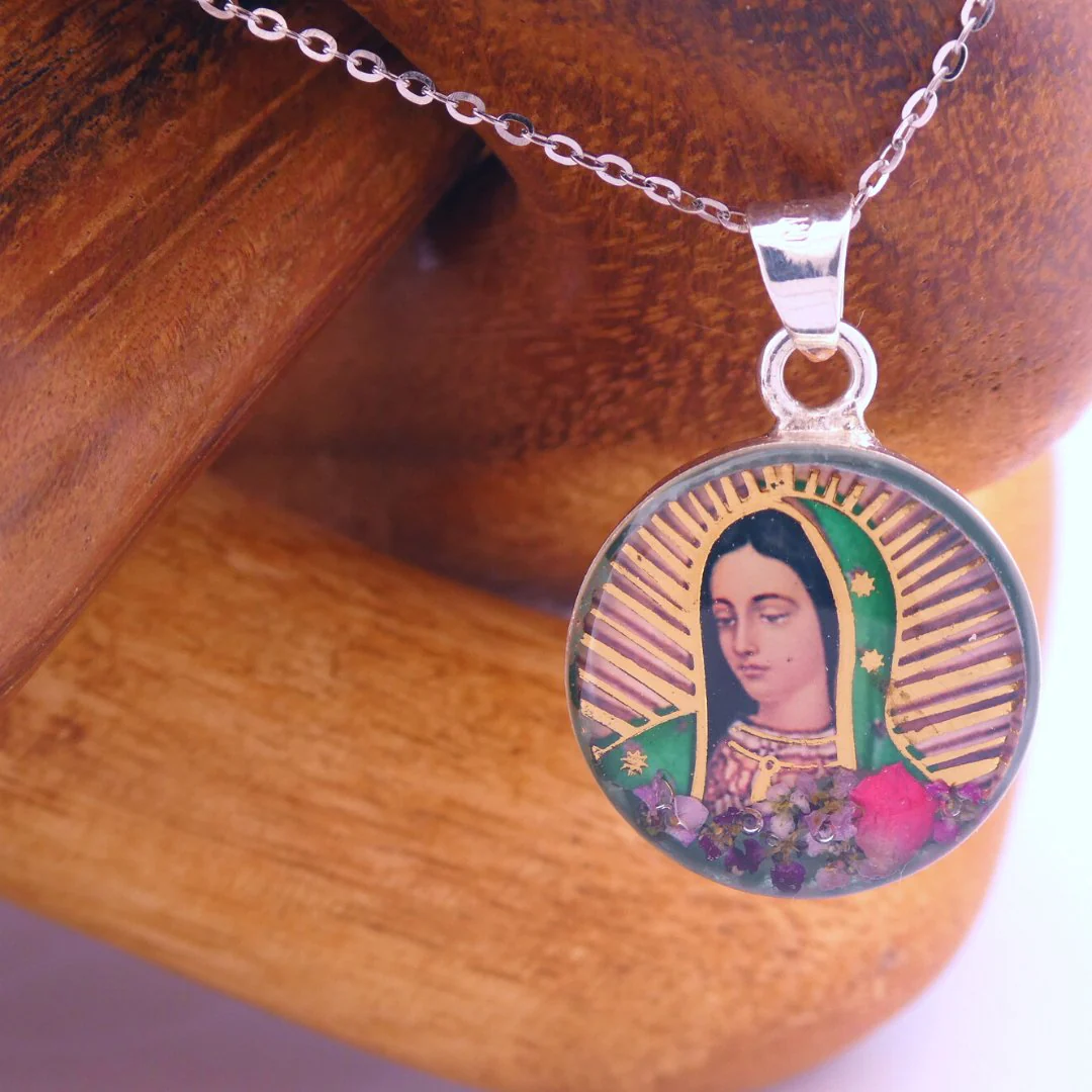 Our Lady of Guadalupe Mini Round Pendant w/ Pressed Flowers 18-inch - Image 3