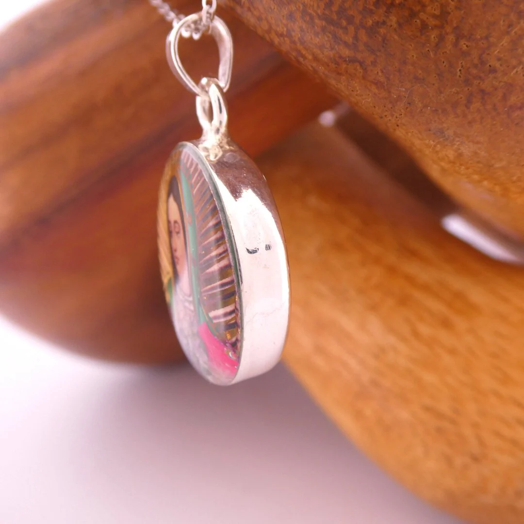 Our Lady of Guadalupe Mini Round Pendant w/ Pressed Flowers 18-inch - Image 5