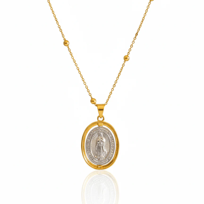 Gold-Plated Our Lady of Guadalupe Two-Tone Necklace · Beaded Chain 18"