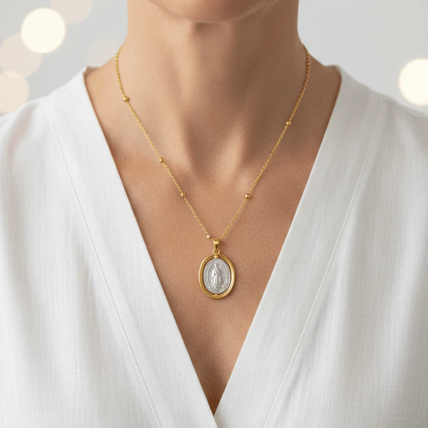 Gold-Plated Our Lady of Guadalupe Two-Tone Necklace · Beaded Chain 18" - Image 2