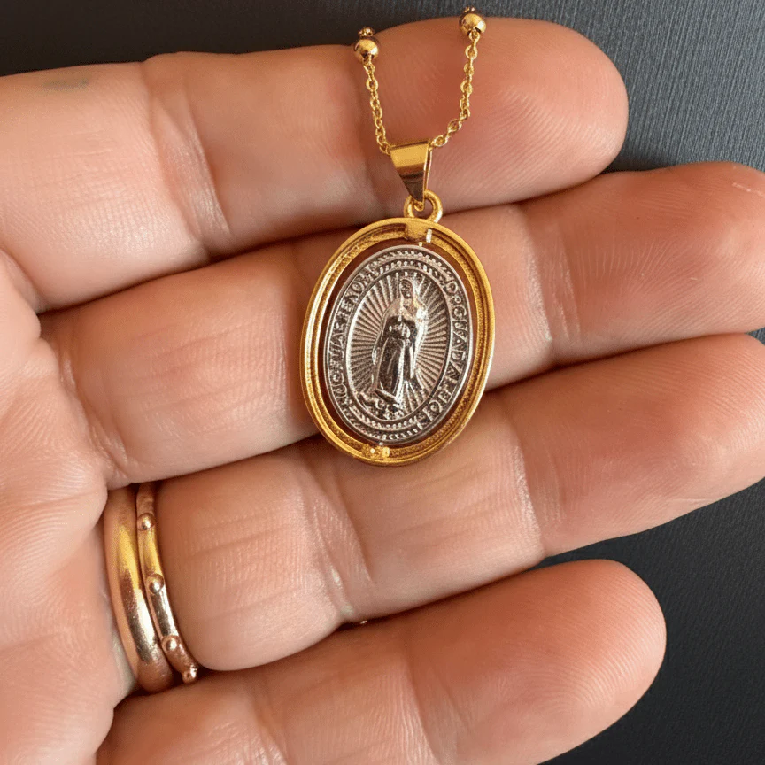 Gold-Plated Our Lady of Guadalupe Two-Tone Necklace · Beaded Chain 18" - Image 4