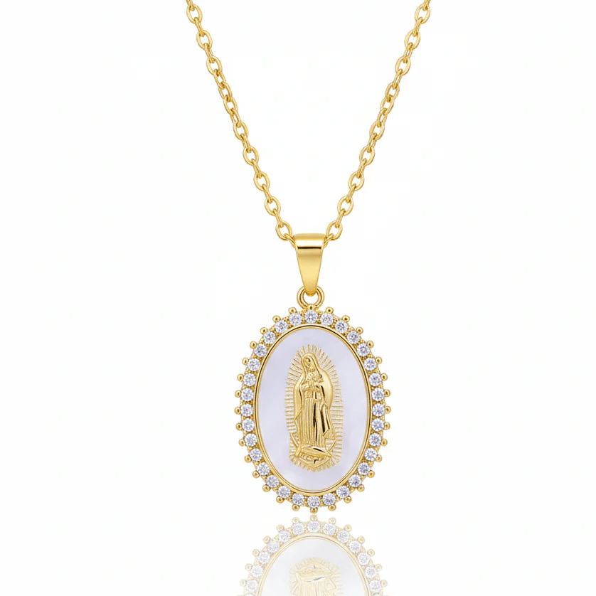Gold-Plated Virgen de Guadalupe Medallion with White Enamel & Crystal Frame
