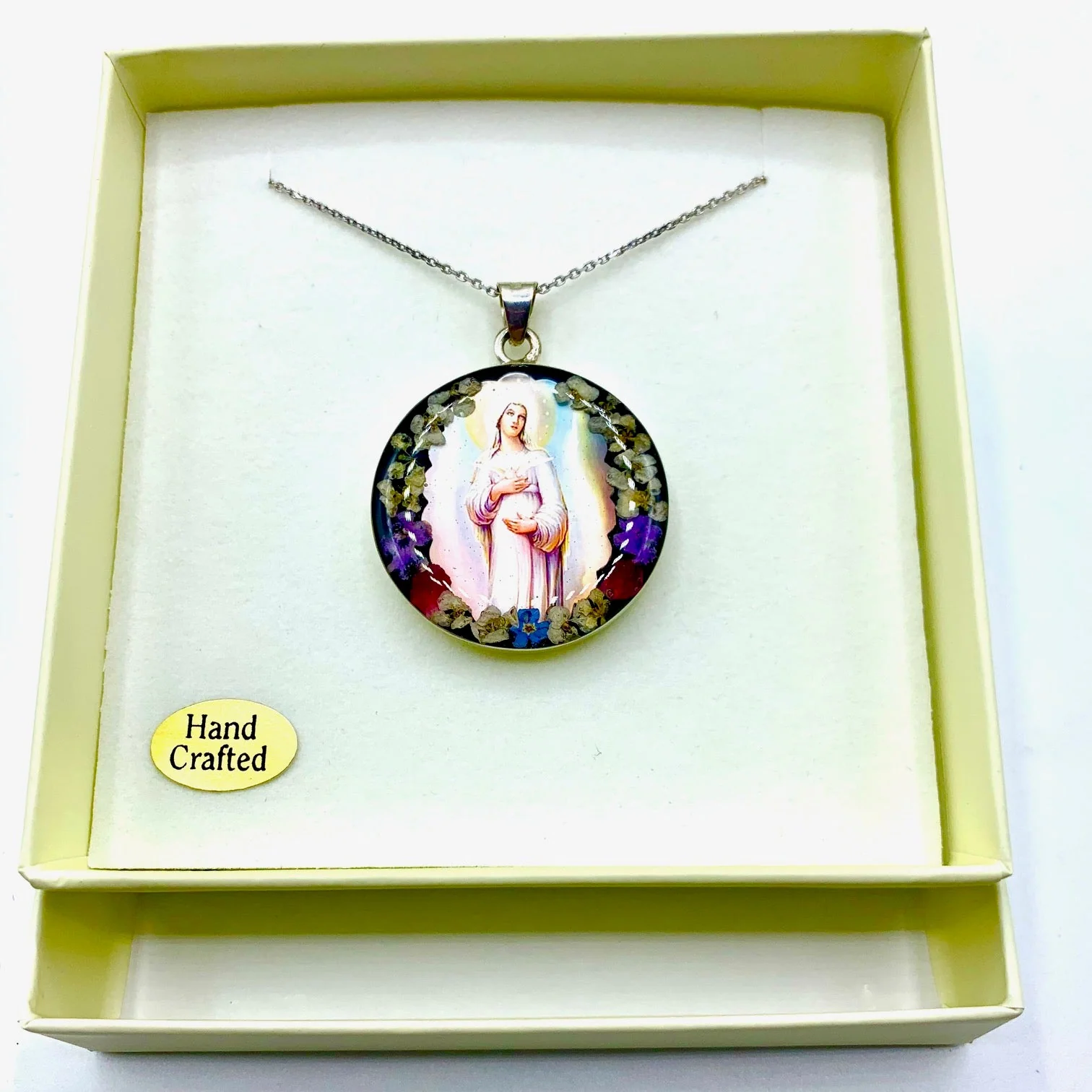 Our Lady of Hope Medium Round Pendant w/ Pressed Flowers 18-inch - Image 3