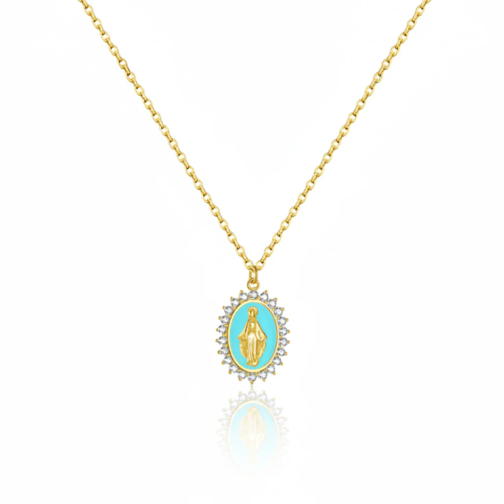 Gold Vermeil Blue Enamel Lourdes Necklace with White Crystals 18"