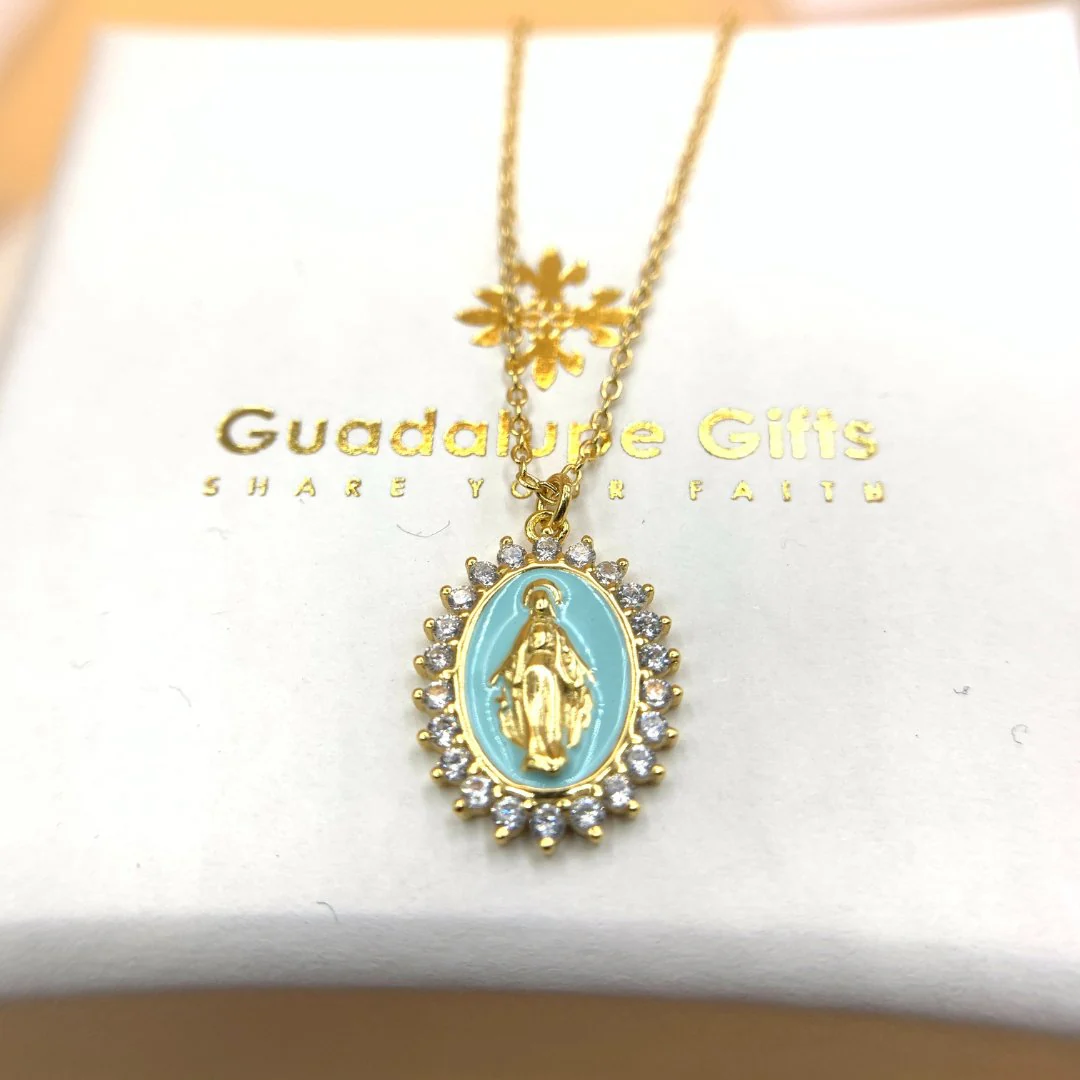 Gold Vermeil Blue Enamel Lourdes Necklace with White Crystals 18" - Image 2
