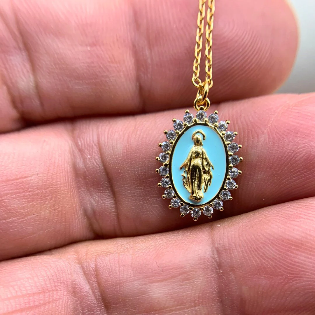 Gold Vermeil Blue Enamel Lourdes Necklace with White Crystals 18" - Image 3