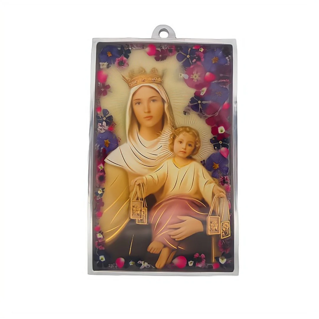 Our Lady of Mount Carmel Square-Shaped Wall Frame w/ Pressed Flowers 7.9" x 5.1"