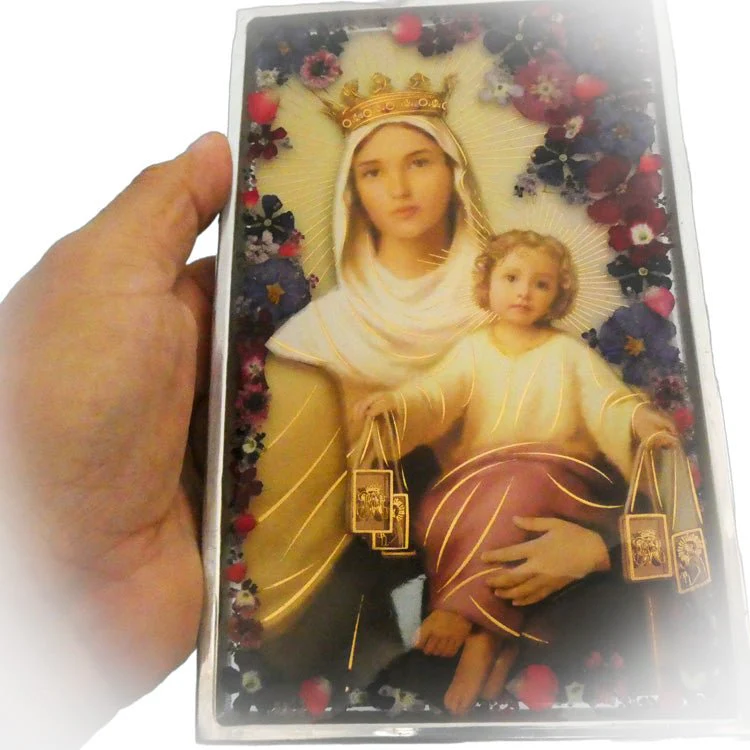 Our Lady of Mount Carmel Square-Shaped Wall Frame w/ Pressed Flowers 7.9" x 5.1" - Image 2
