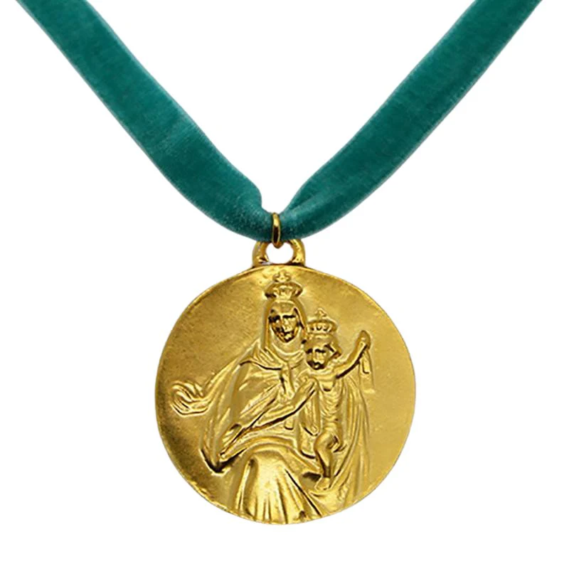 Our Lady of Mount Carmel Medal Necklace — Gold-Plated on Velvet Cord (20")