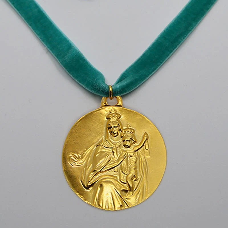 Our Lady of Mount Carmel Medal Necklace — Gold-Plated on Velvet Cord (20") - Image 2