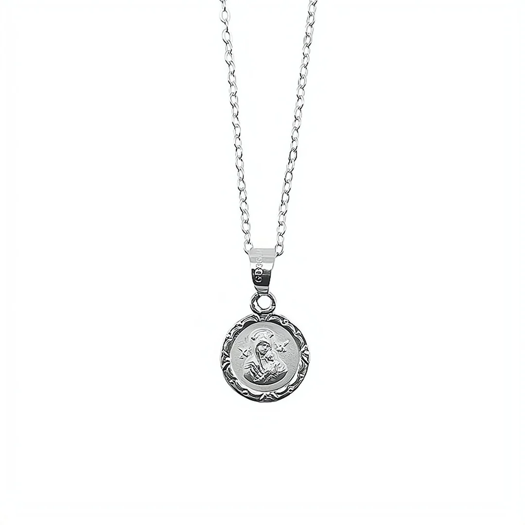Silver Our Lady of Perpetual Help Medal Mini Round Floral Necklace 18-inch