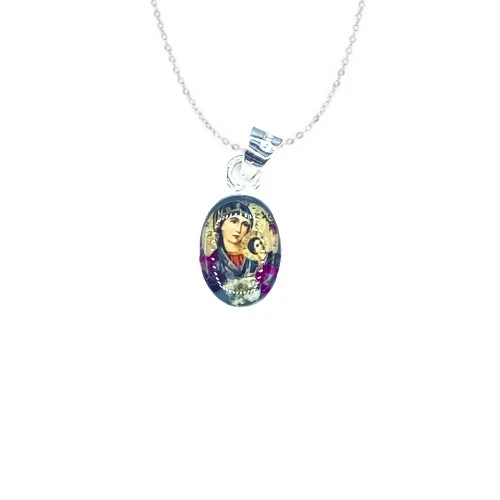 Our Lady of Perpetual Help Mini Oval Pendant w/ Pressed Flowers 18-inch