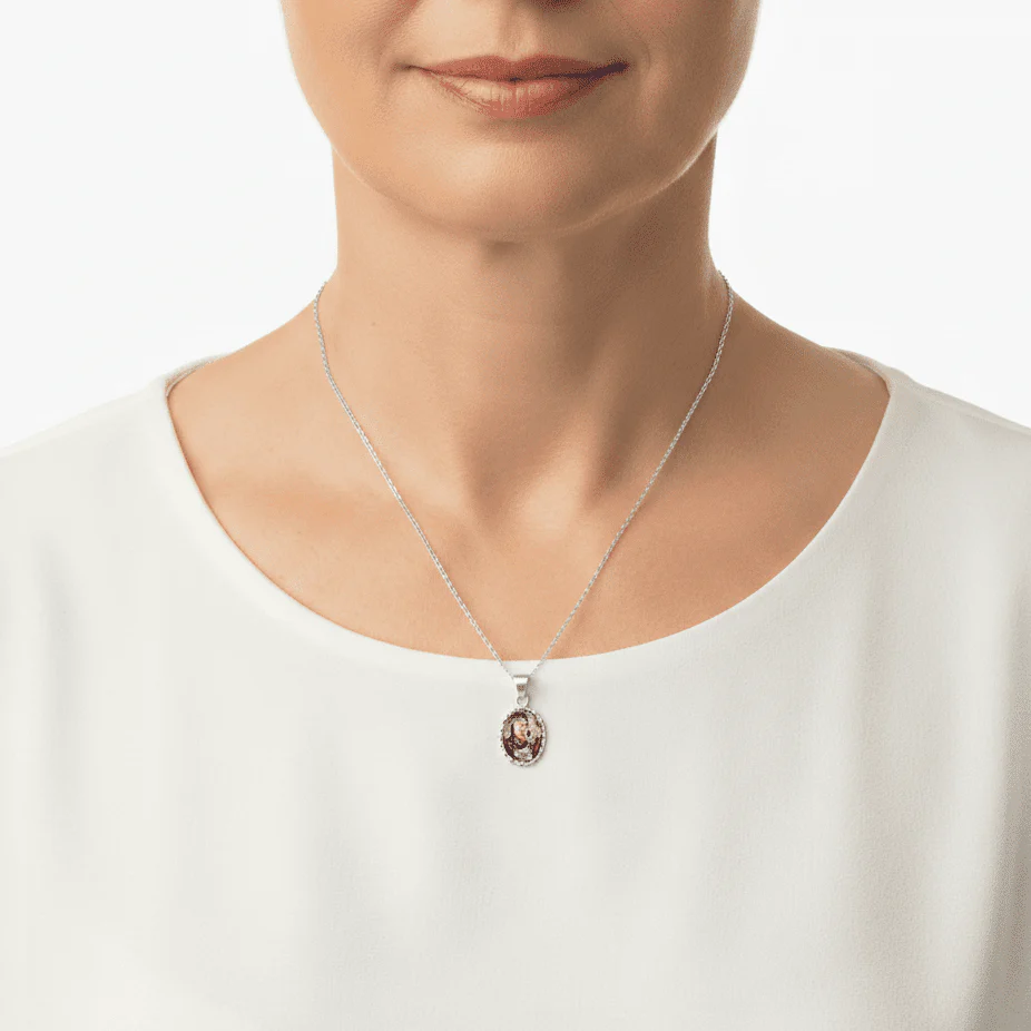 Our Lady of Perpetual Help Mini Oval Pendant w/ Pressed Flowers 18-inch - Image 2