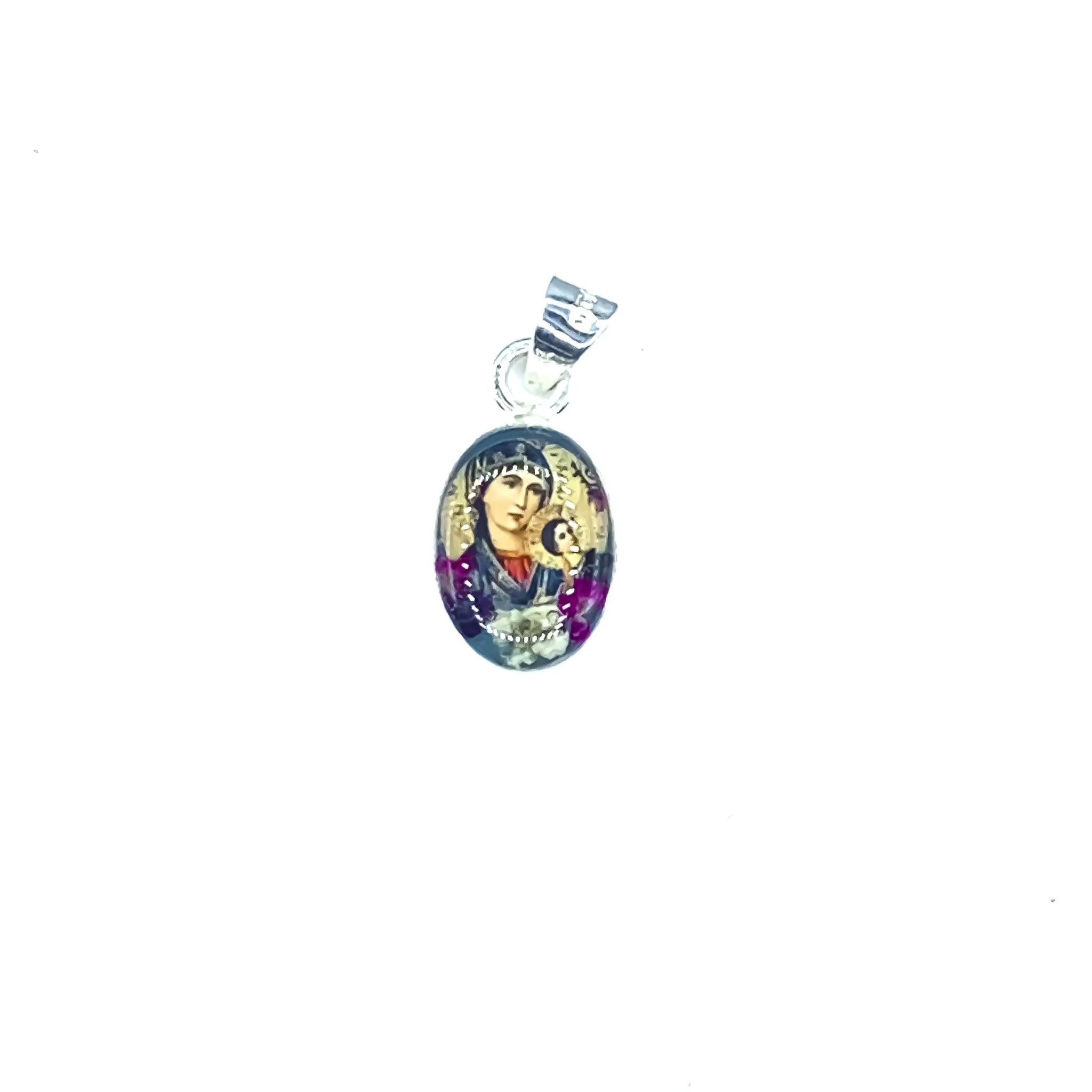 Our Lady of Perpetual Help Mini Oval Pendant w/ Pressed Flowers 18-inch - Image 3