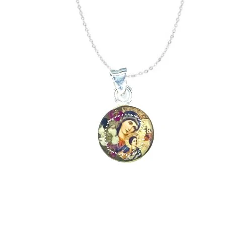 Our Lady of Perpetual Help Mini Round Pendant w/ Pressed Flowers 18-inch