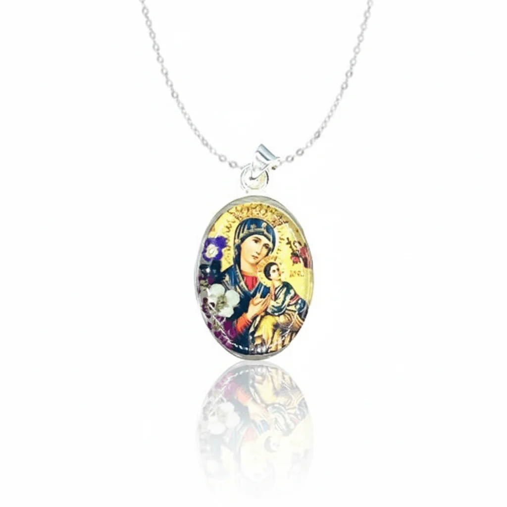 Our Lady of Perpetual Help Small Oval Pendant w/ Pressed Flowers 18-inch