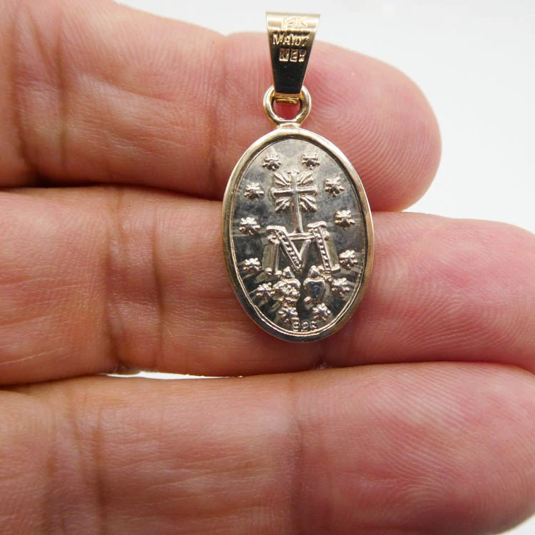 Silver 14k Gold Bezel Our Lady of the Miraculous Medal Small Pendant 0.8" x 0.5" - Image 3