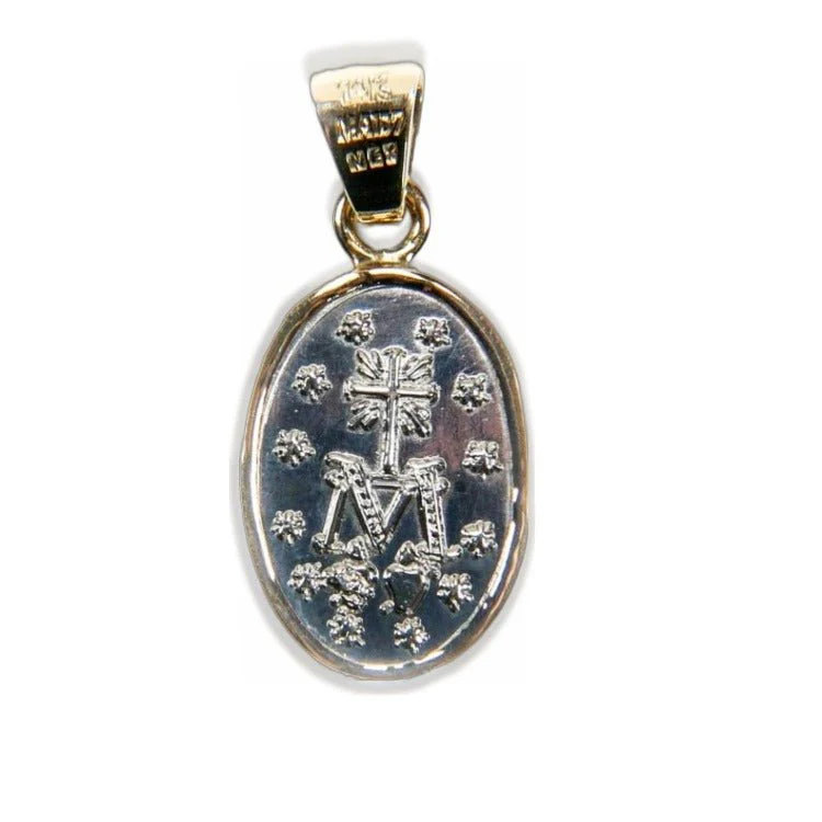 Silver 14k Gold Bezel Our Lady of the Miraculous Medal Small Pendant 0.8" x 0.5" - Image 4