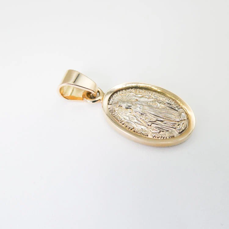 Silver 14k Gold Bezel Our Lady of the Miraculous Medal Small Pendant 0.8" x 0.5" - Image 5