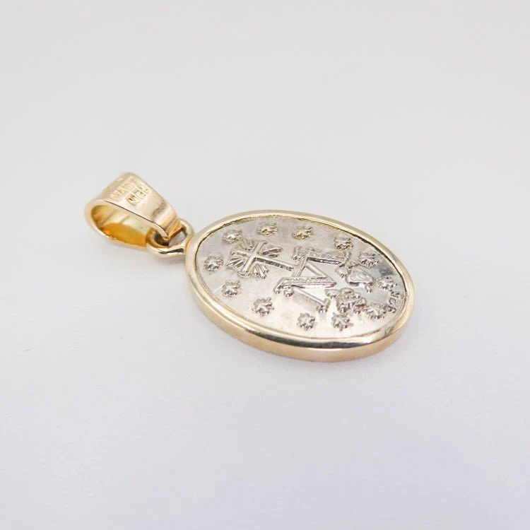Silver 14k Gold Bezel Our Lady of the Miraculous Medal Small Pendant 0.8" x 0.5" - Image 6