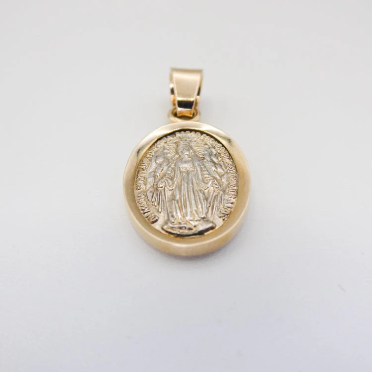 Silver 14k Gold Bezel Our Lady of the Miraculous Medal Small Pendant 0.8" x 0.5" - Image 7