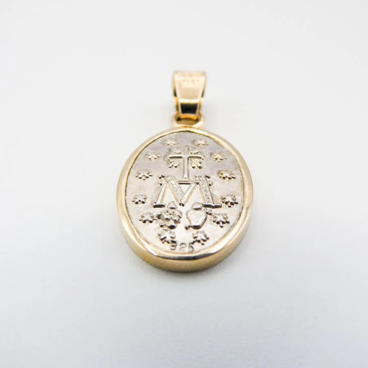 Silver 14k Gold Bezel Our Lady of the Miraculous Medal Small Pendant 0.8" x 0.5" - Image 8