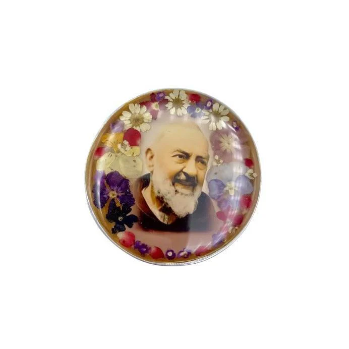 Padre Pio Rosary Box w/ Pressed Flowers 2.9" x 1.5" x 2"