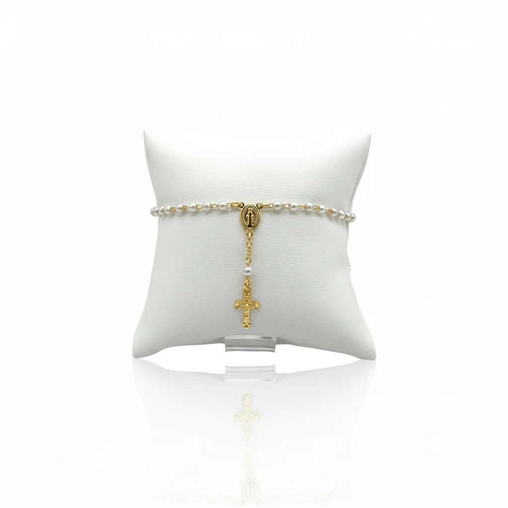 Gold-Plated Rosary Bracelet with Pearls and Virgin Mary Charm 7.5-inch - Image 3