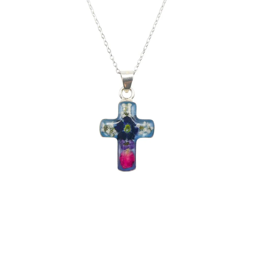 Petite Cross Necklace w/ Pressed Flowers 18-inch