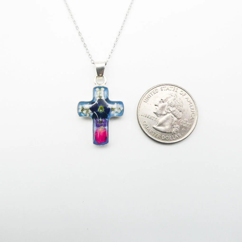 Petite Cross Necklace w/ Pressed Flowers 18-inch - Image 3