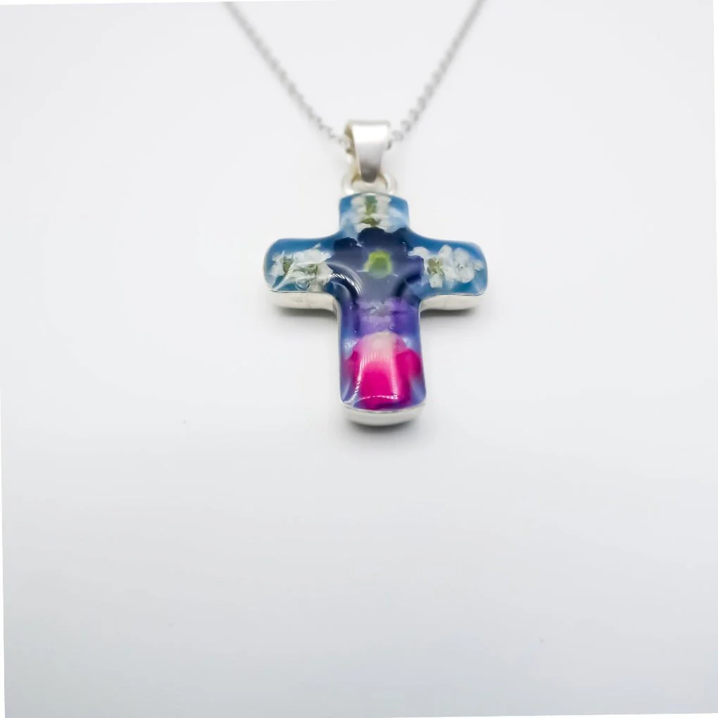 Petite Cross Necklace w/ Pressed Flowers 18-inch - Image 4