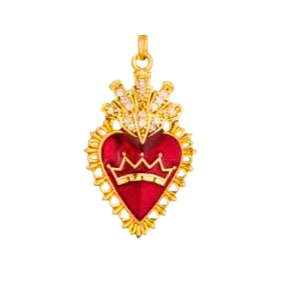 Gold-Plated Sacred Heart Red Enamel Charm Beaded Elastic Bracelet 7-inches - Image 12