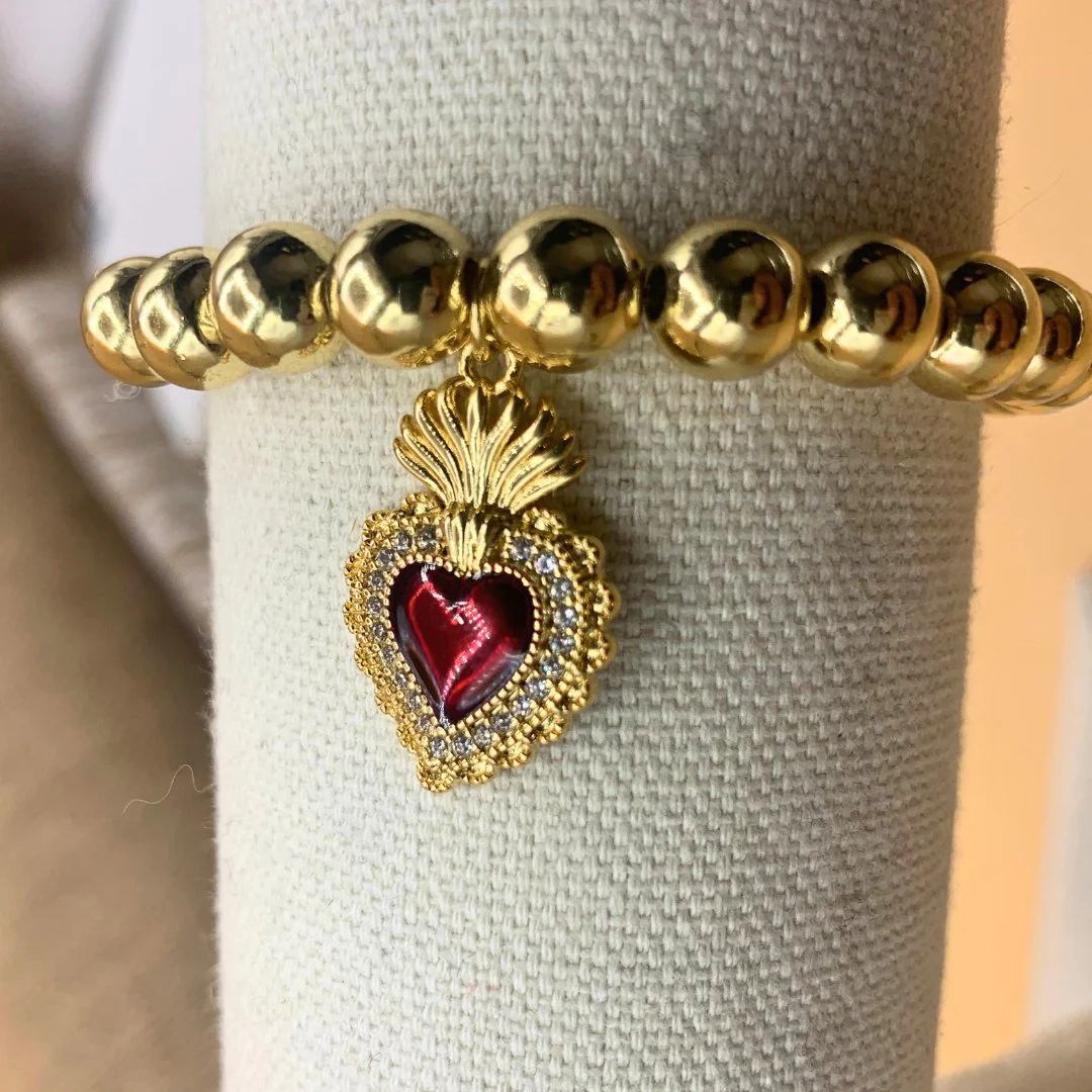 Gold-Plated Sacred Heart Red Enamel Charm Beaded Elastic Bracelet 7-inches - Image 6