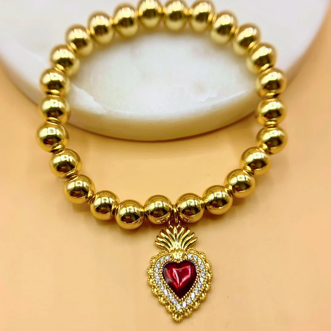 Gold-Plated Sacred Heart Red Enamel Charm Beaded Elastic Bracelet 7-inches - Image 7