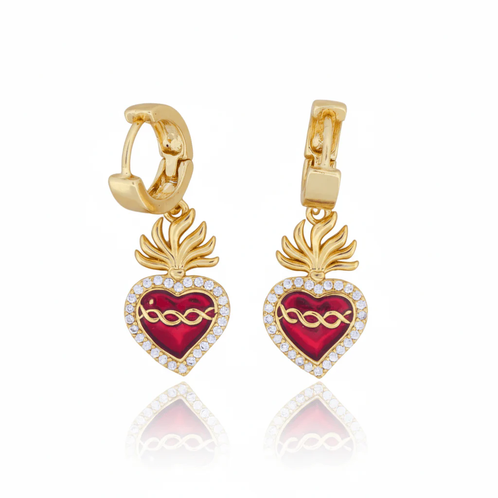 Gold-Plated Sacred Heart Earrings with White Zirconia | Red Heart Earrings