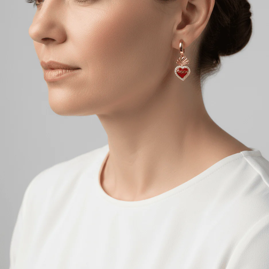 Gold-Plated Sacred Heart Earrings with White Zirconia | Red Heart Earrings - Image 2