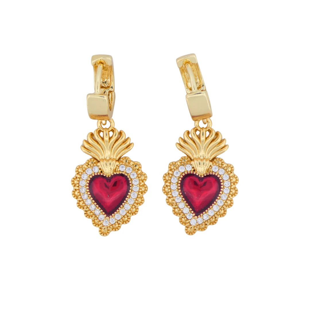 Gold-Plated Sacred Heart Earrings with White Zirconia | Red Heart Earrings - Image 3