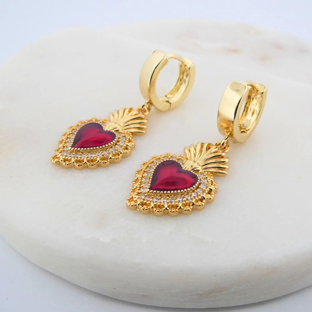Gold-Plated Sacred Heart Earrings with White Zirconia | Red Heart Earrings - Image 4
