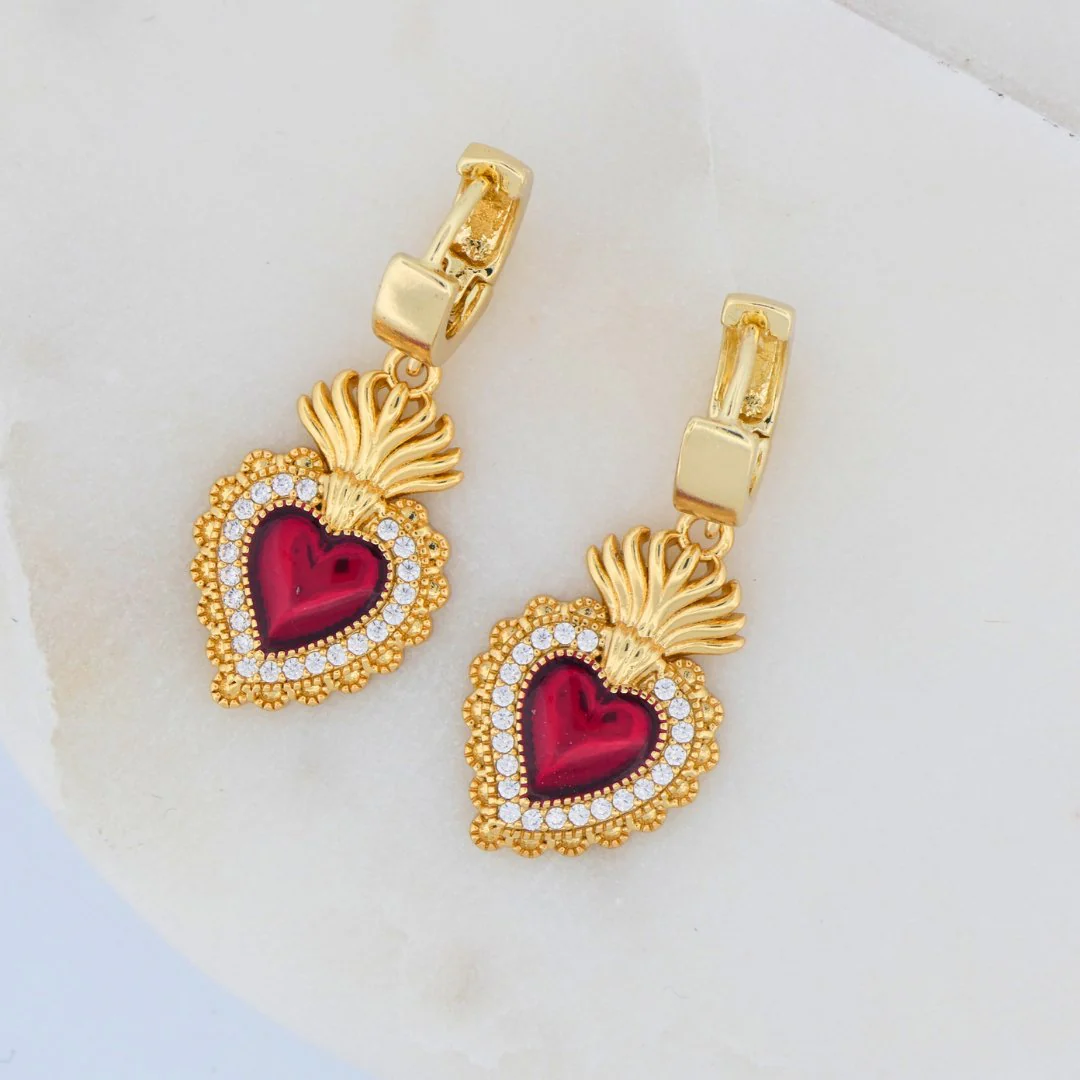 Gold-Plated Sacred Heart Earrings with White Zirconia | Red Heart Earrings - Image 5