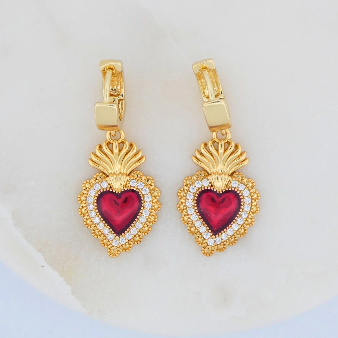 Gold-Plated Sacred Heart Earrings with White Zirconia | Red Heart Earrings - Image 6