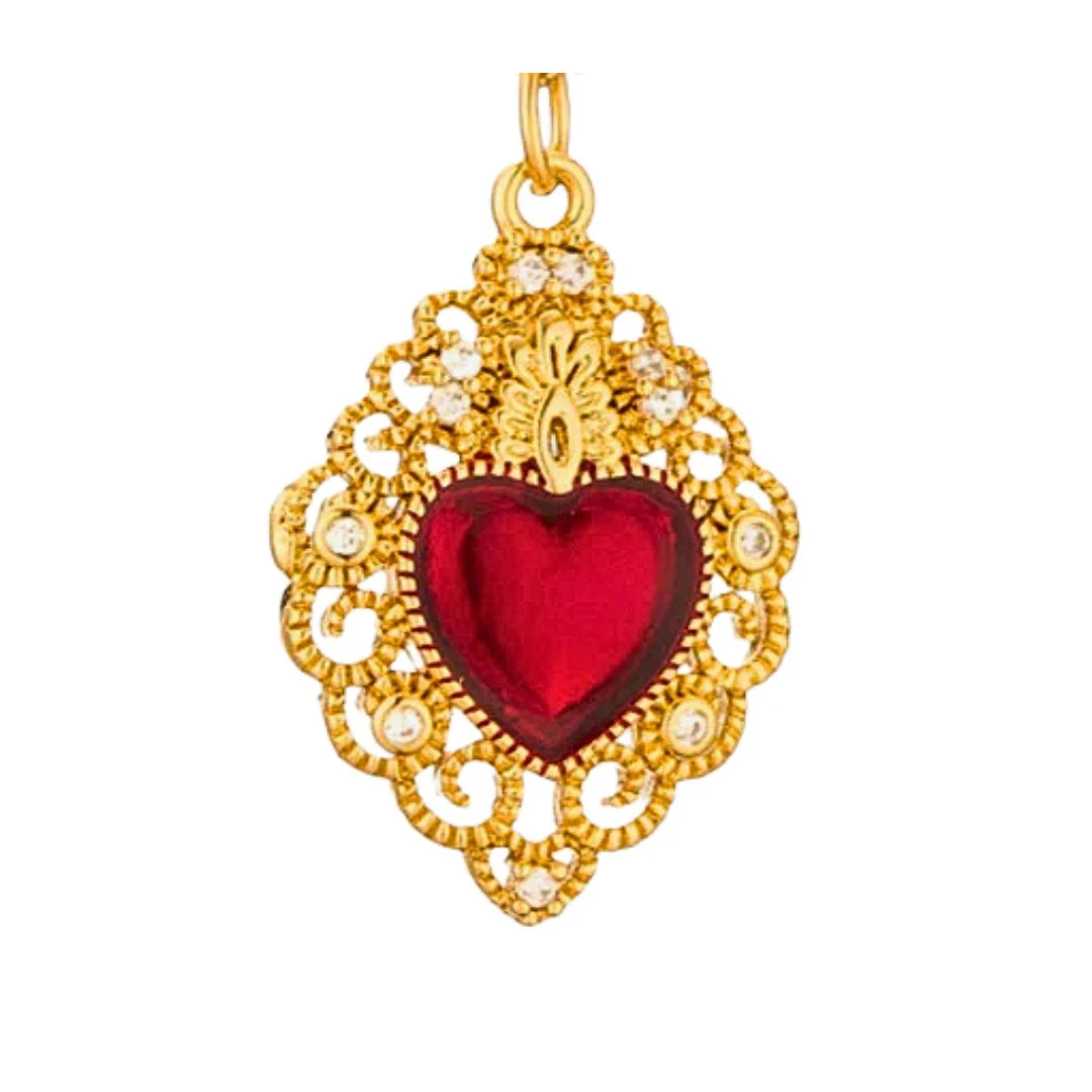 Gold-Plated Sacred Heart Earrings with White Zirconia | Red Heart Earrings - Image 8