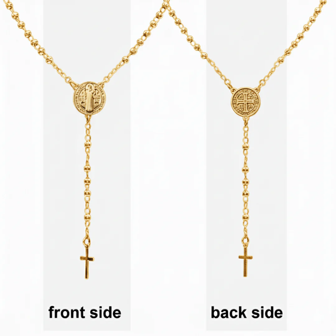 Gold-Plated Saint Benedict Medal Rosary Necklace 16-inch - Image 3