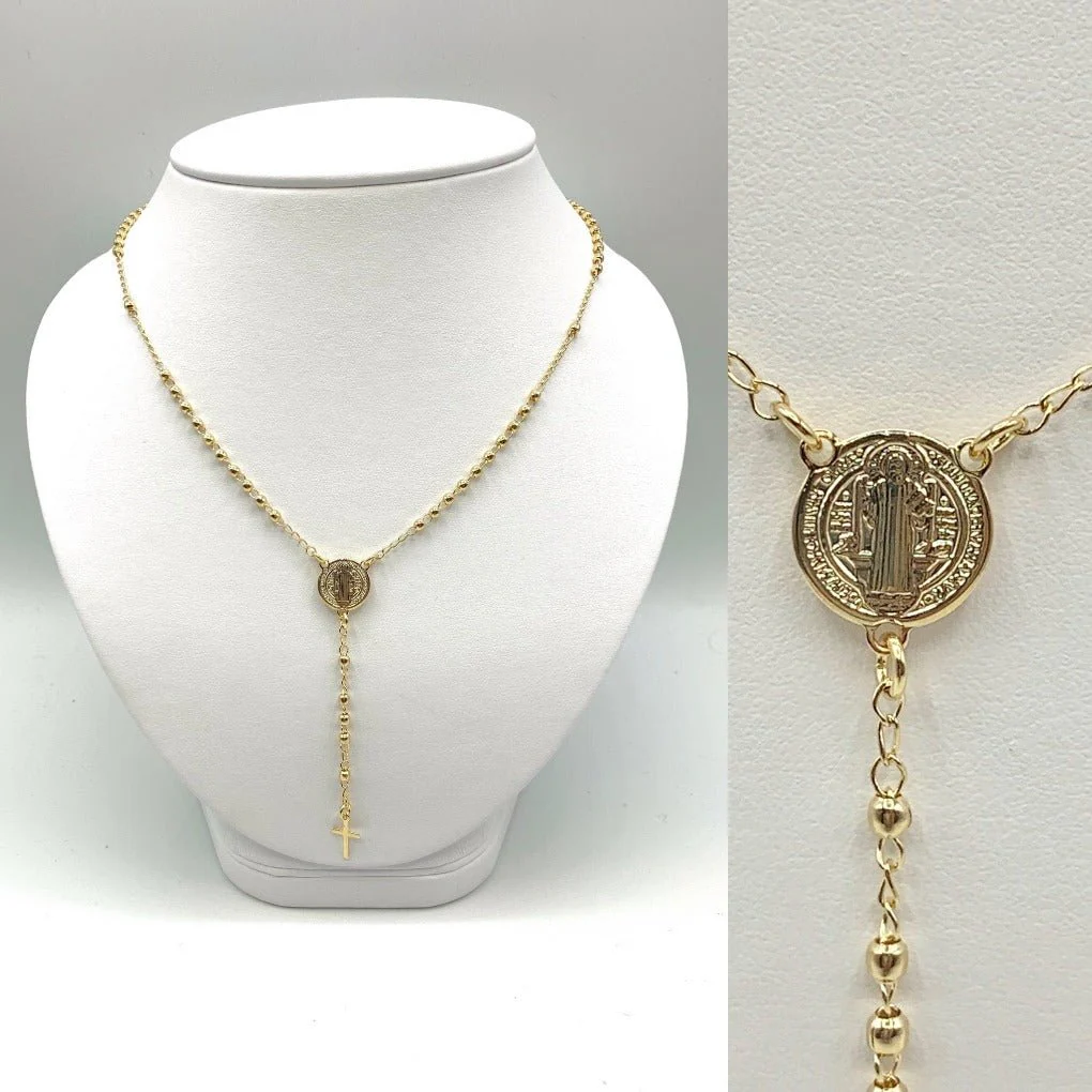 Gold-Plated Saint Benedict Medal Rosary Necklace 16-inch - Image 4