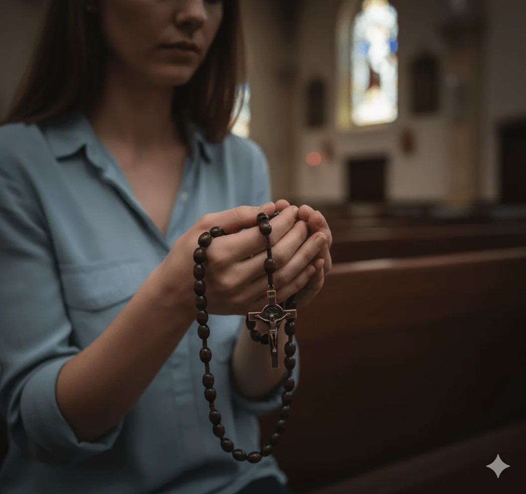 Red Oak Wooden Saint Benedict Medal Rosary Beads 20-inch - Image 3