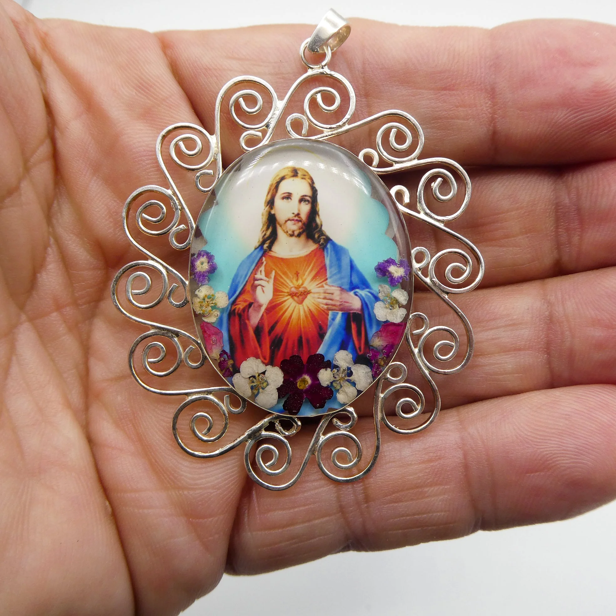 Sacred Heart Baroque Necklace w/ Pressed Flowers 18-inch - Image 2